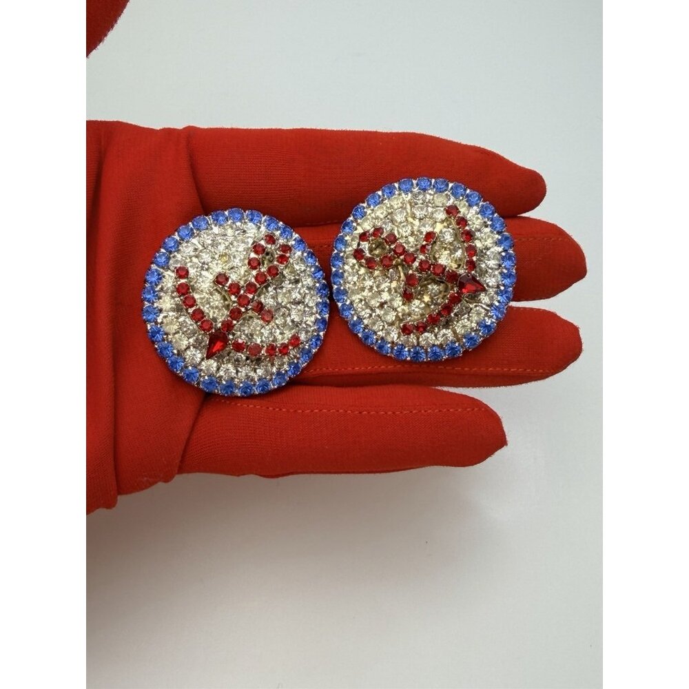 Vintage Dorothy Bauer Red White Blue Rhinestone Clip On Earrings Nautical Style